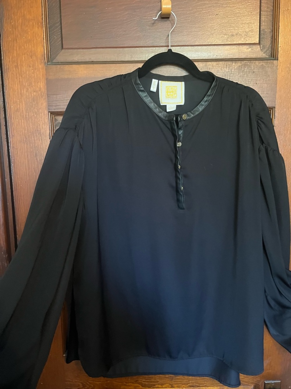 Emily McCarthy Black Long-Sleeve Satin-Trim Blouse